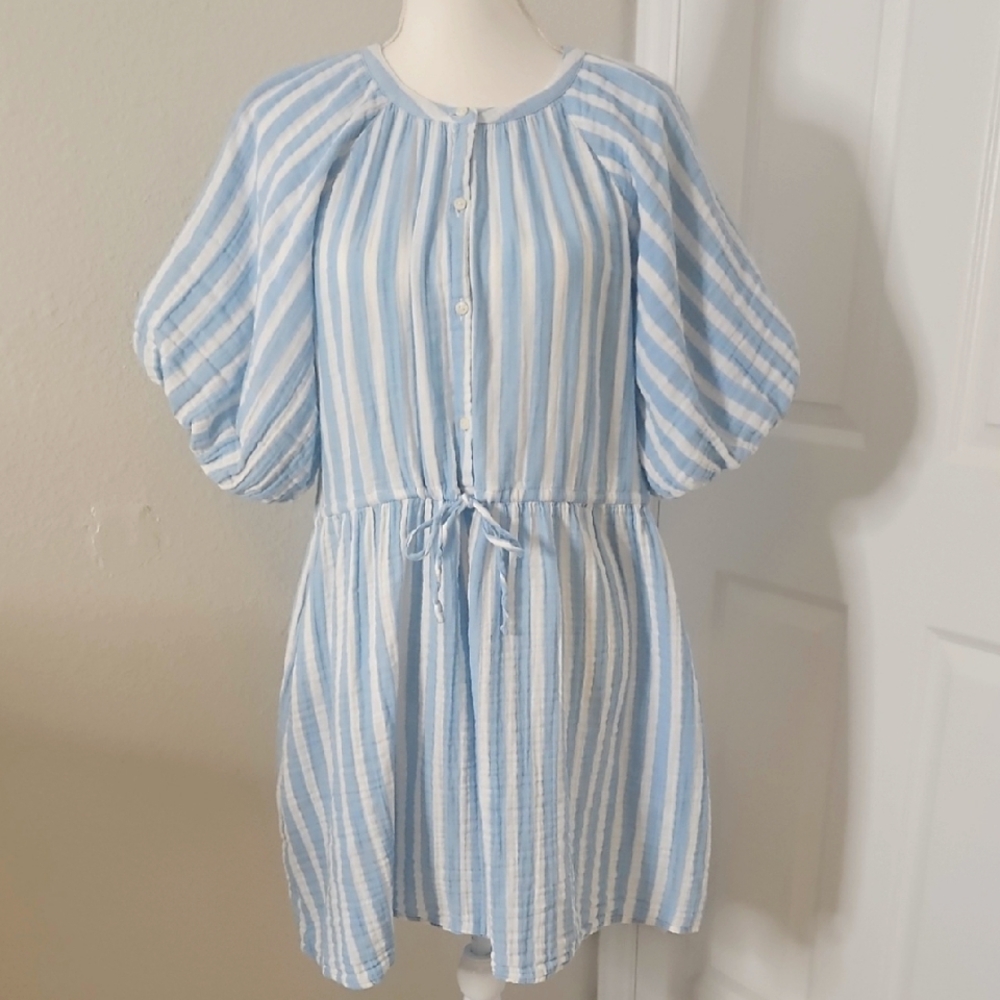 Blue and White Stripped Dress For Women With Baloon Sleeves & Pockets.